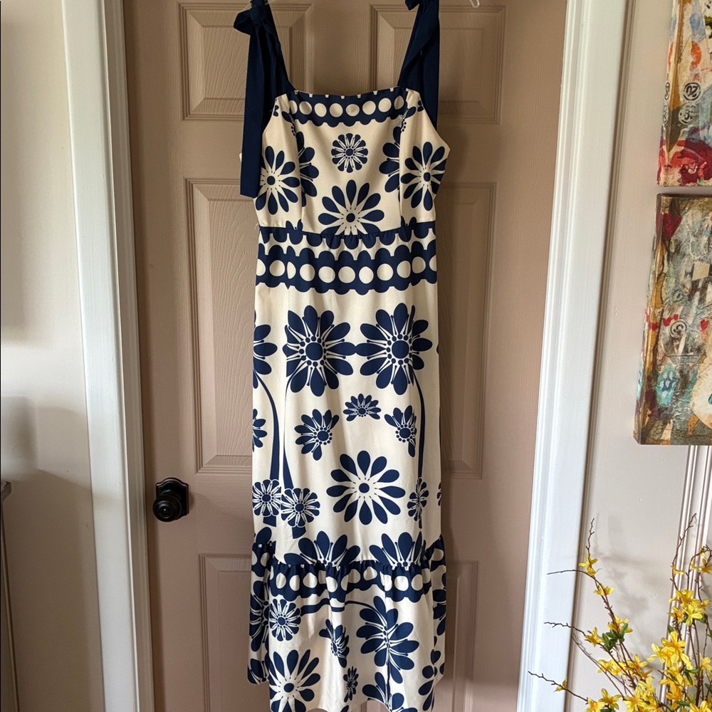 SHEIN Beige Maxi Dress with Navy Floral Print and Tie Shoulders